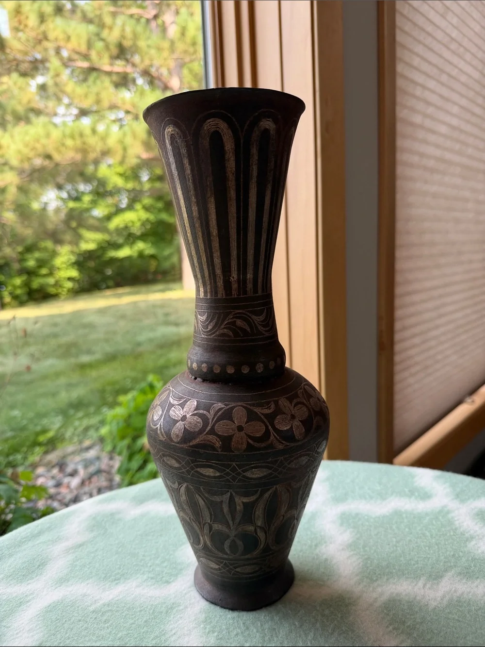 Vintage Black Brown Oxidized Metal Vase Floral and Stripe Etched  - Home Accent